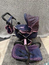 Toy Dolls Pram And Car Seat - Navy With Heart Detail