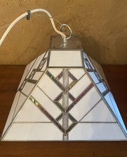  Art Deco Leaded Iridescent & White Stained Glass Ceiling Light Fixture