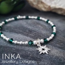 925 Sterling Silver 4mm Emerald GREEN bead Stacking Bracelet Star Charm by INKA