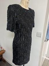 VINTAGE AFTER SIX BY RONALD JOYCE 80S BEADED DRESS SIZE L 100% SILK SHOULDER PAD