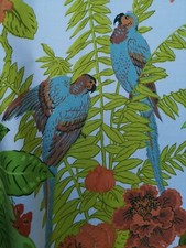 Vintage 80s Tropical Plants & Parrots Botanical Jungle Cotton Fabric Per Metre