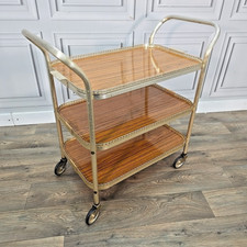 Vintage Retro 3 Tier Gold Cocktail Drinks Tea Hostess Trolley Gin Cart - MCM