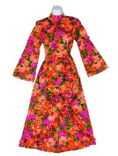 VTG 70s ORANGE PURPLE GREEN FLORAL SEQUINNED MOCK NECK MAXI DRESS UK 6