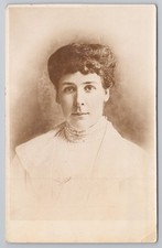 RPPC Edwardian Lady Fashion Portrait Pompadour Hair High Lace Collar Pearls