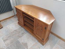 Hand Made Solid Oak Corner TV Cabinet With Carved Doors
