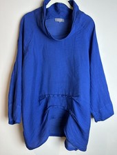 Sahara Blue Linen Mix Tunic Top M/L Funnel Neck dip hem
