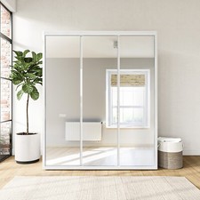 Wardrobe 3 Mirrored Doors White Gloss with Metal Handles Adjustable Shelving