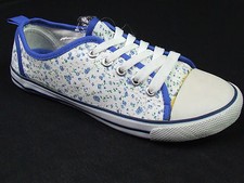 White Blue Floral Ladies Flat Lace Up Girls Pumps Summers Plimsoll Canvas Shoes 