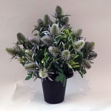 Artificial Thistle Flowers in Grave Pot - Memorial Tribute Flowers