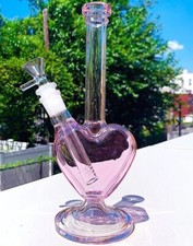 RORA 9" Tall Pink Heart Glass Bong Lovely Cute 14.5mm Glass Water Pipe for Gift