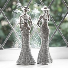 Set of 2 Elegant Lady Figures Tall 30cm Silver Ceramic Figurine Bling Ornaments