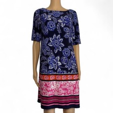 Jessica Howard 12-14 Shift Dress Navy Floral 3/4 Sleeves Knee Length Stretch