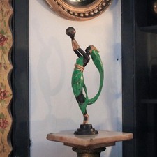 1920s Art Deco Bronze Figure – Dancing Lady Holding Globe – Cold-Painted in Gre
