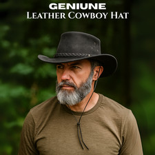 100% Real Leather Cowboy Hat Mens Black & Grey Western Hat Vintage Wide Brim Hat