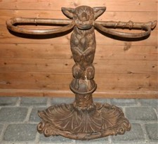 ANTIQUE EQUESTRIAN CAST IRON WHIP CANE HALL STAND FOX WITH HUNTING WHIP IN MOUTH