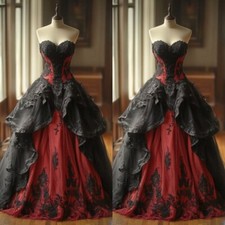 Medieval Victorian Prom Dresses Gothic Black Red Lace Appliques Evening Gowns