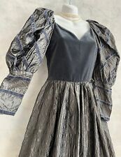 Vintage RETY Grey Blue Velvet Medieval Style Mutton Sleeve Occasion Dress 8