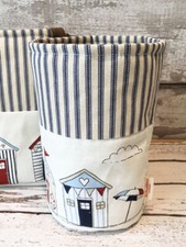 Bathroom toilet roll tidy holder, fabric basket - Maritime Ticking Beach Huts
