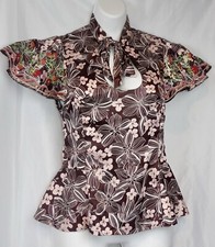 VINTAGE LAURA LEES LABEL ORIENTAL STYLE BLOUSE EMBROIDERED SATIN XS
