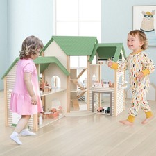 Girls Wooden Dollhouse playset Kids Doll House w/36 Pieces Accessories