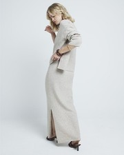 River Island Womens Maxi Skirt Beige Knitted Split Hem Elasticated waist Bottom