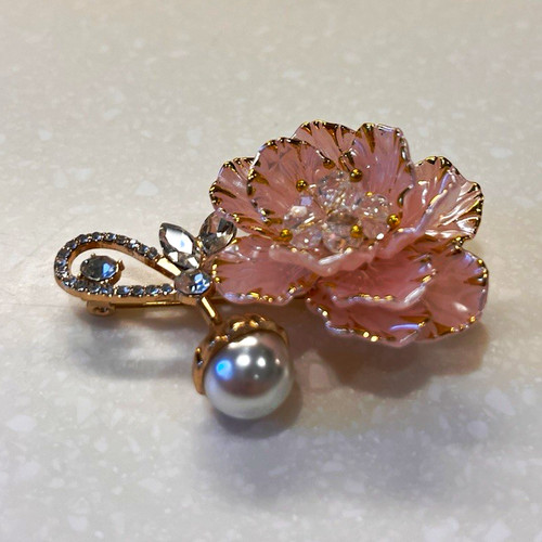 Gold tone pink enamel flower - enamel,