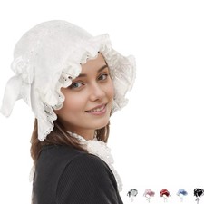 Victorian Women Bonnet Cap with Lace Trim Wide Face Ruffle Sweet Lolita Bonnet