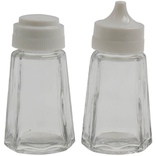 Clear glass salt and pepper - and,