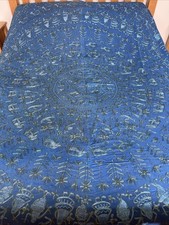 Vintage Traditional Indian Kantha Embroidered Bedspread 234 X 208 Elephants Blue