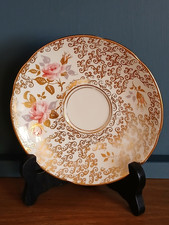 Vintage Royal Stuart Fine Bone China Tea Set Saucer Pink Rose Gold Scrolls VGC