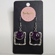 handmade irregular square with crushed crystal resin centre hook earrings