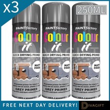 3 x GREY PRIMER MATT FINISH AEROSOL SPRAY PAINT 250ML FOR METAL WOOD PLASTIC NEW