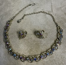 Vintage Aurora Borealis Necklace & Clip Earrings Set – Trifari?Silver Tone 1950s