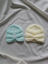 New 2 baby girl hand knitted hats 1 Lemon 1 Mint + bows Turban Style  Newborn