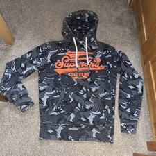 Japan Super Dry Hoodie Men's XS  Sweatshirt Soft Fleece Gray Camo / Orange