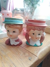 Boy And Girl Pair Lady Head Vase Ceramic Vintage Collectables cottagecore kitsch