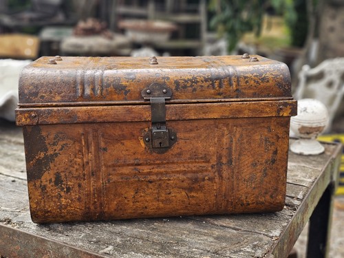 Antique tin studded trunk - tin,