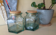 Handmade Heavy Glass Storage Jars x 2. La Mediterranea Cork Lid Spain 6" Tall