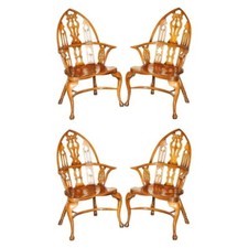 FOUR FINE FULLY RESTORED GOTHIC WINDSOR STEEPLE BACK BURR YEW & ELM ARMCHAIRS