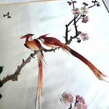 Vintage Framed Chinese Silk Embroidery Exotic Birds & Cherry Blossoms 58x44 Cm