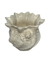 BELLEEK • Fermanach Ireland, Pearl White Porcelain Flowery Sculptured Vase, 1946