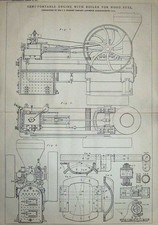 Original Old Antique Print 1875 Diagrams Semi-Portable Engine Boiler Wood Fuel