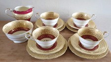 Aynsley Bone China Burgundy Red Floral Tea Cup & Saucer England Gold