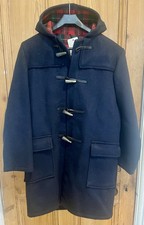 Vintage 1980s Navy Blue Wool Blend Unisex Duffle Coat, Red Check Lining Size 34”