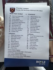 West Ham United  v Liverpool Teamsheet 30.11