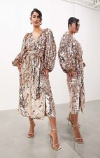 ASOS EDITION Womens Gold Sequin Midi Dress Wrap Style Tie Waist RRP £195