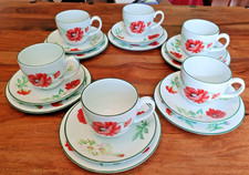 Pair Gorgeous Vintage Royal Worcester Poppies Trios 2 Cups Saucers & Side Plates