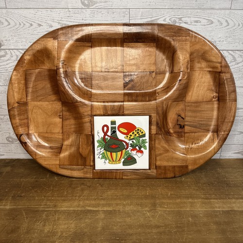 Vtg woven wood tray with - wood, tile