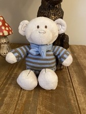 Next Cream Teddy Bear Soft Toy Wearing Blue & Brown Jumper & Blue Scarf 11” VGC