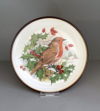 Purbeck Pottery Christmas robin & holly plate, small round stoneware bird plate